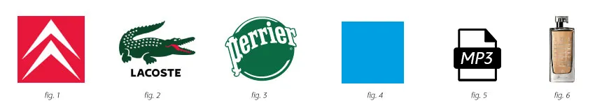 Réprésentation des logos de Citroën, Lacoste, Perrier, un carré bleu ciel, icone MP3 et un parfum