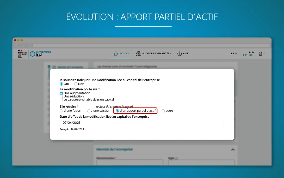 Capture d'écran d'une formalité de modification pour un apport partiel d’actif