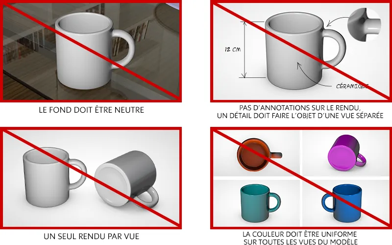 Illustration des erreurs à éviter dans un rendu de modèle 3D : fond non neutre, annotations sur le rendu, plusieurs rendus par vue et couleurs non uniformes.